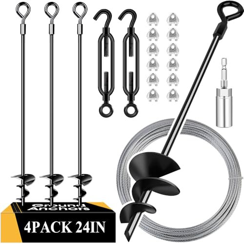 Bodenanker mit verzinktem Kabel, 61 cm, 4 Stück, Trampolinpfähle, Anker, starker Wind, ideal für Vordächer, Schuppen, Autoporten, Schaukelsets, Pavillon, Gewächshaus (61 cm von 4 Stück)