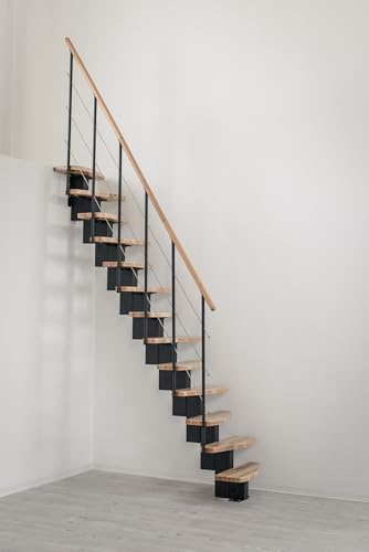 Austrian Indoor Space-Saving Straight Staircase, Beech Lacquered/Walnut Stained Alternate Steps Handrail, Steel Central Stringer 3 Colors, 13-Step Kit, Please Get a Shipping Quote from us Before Order