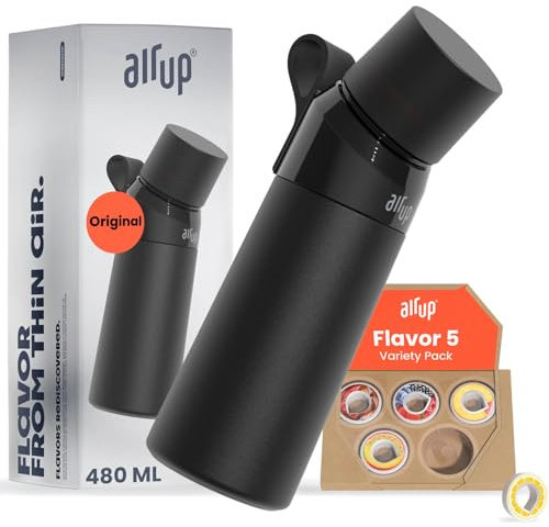 air up® water bottle (16oz) Steel Black + 5x pods Flavor Fiesta | Sugar free flavor pods & Water bottles with straw | Flavored water bottle