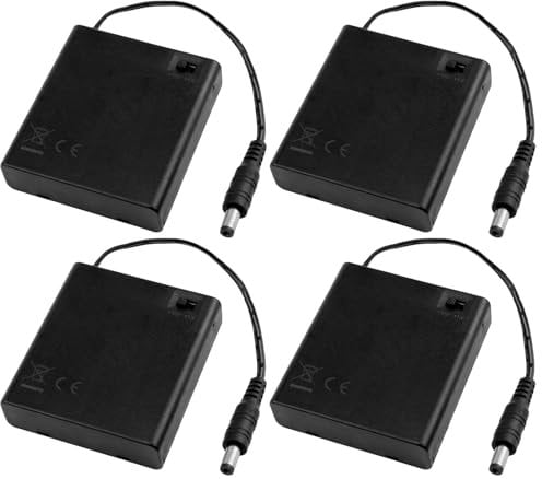 LANAFAY 4pcs 4 AA Battery Holder Case with 2.1mm x 5.5mm DC Plug and On/Off Switch for LED Strips CCTV Arduino DIY Motors Solenoids, 6V Power Pack, Plastic Open Battery Storage Box