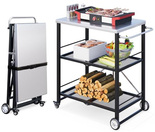 UNIONLINE Foldable Stainless Pizza Oven Table with Handle,3-Tier Outdoor Grill Cart Trolley on Wheels, Garden Dining Cart Movable BBQ Stand Sliver