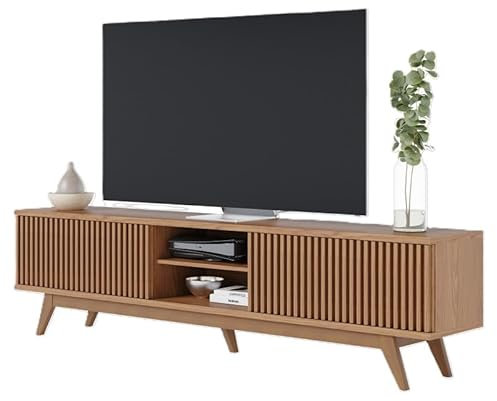 Meuble TV 75 Pouces Chêne Pieds Bois 4 Portes 8 Niches L 218 H 57 P 40 cm