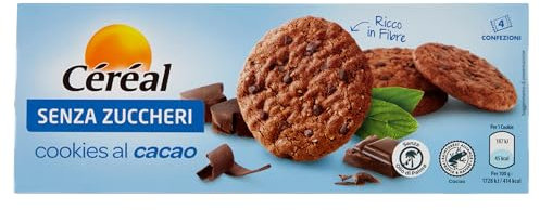 Céréal Senza Zuccheri, Cookies al cacao, Deliziosi biscotti senza zucchero al cioccolato, Snack goloso ricco in fibre, Ridotto impatto sulla glicemia, Pack con 4 confezioni di biscotti, 130g
