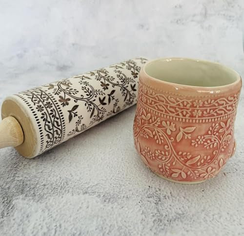 Algis Crafts FLORAL Vine Präge Nudelholz. Teigroller für Keramik, Holz Roller, Modelliermuster-Roller. Gravierte Nudelholz mit Muster für Pottery