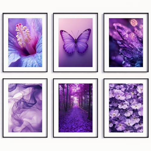 MJ-GRAPHICS® 6 Poster Purple Harmony Poster Set Lila Schmetterling Bild Blumen Kunstdruck Frauen Wohnzimmer Wandbild Lila Schmetterling Blume Kristall Ästhetik Natur Boho Kunst – A4 Ohne Rahmen