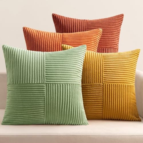 EMEMA Kissenbezug Kordsamt 4er Set Patchwork Kissenhülle 40x40 cm Zierkissenbezug Dekokissen Sofakissen Kord Dekorative Kissen für Sofa Sessel Zuhause Schlafzimmer Orange-grün Serie