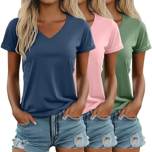 Ficerd - Confezione da 3 Magliette da Donna con Scollo a V, Top Estivi a Maniche Corte, vestibilità Ampia, Maniche Arrotolate(Blu Nebbia, Rosa Macaron, Verde Chiaro,XL)