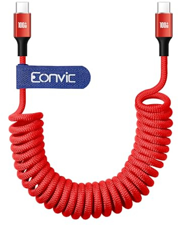 Eonvic USB Typ C auf USB C Daten 100W PD Schnellladekabel für iPhone 15 Pro Max Plus iPad Pro MacBookAir15 Huawei MateBook MagicBook Surface Pro7/5 (Rot, Spiralkabel, 40 cm)