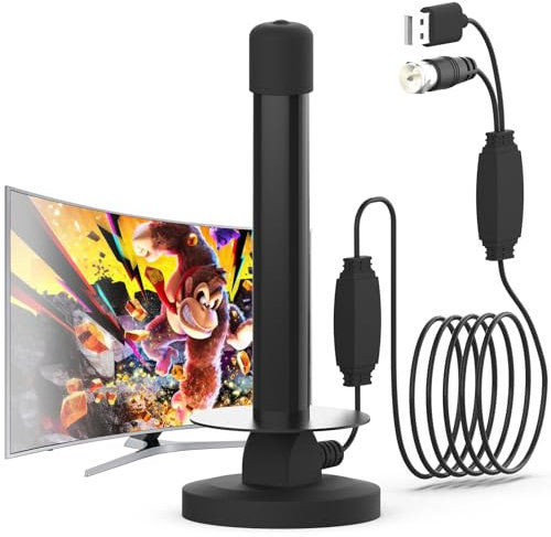 Antenne TV Intérieure avec Amplificateur et Base Magnétique – Réception 360° Jusqu’à 250 km, Compatible DVB-T/T2, Support 4K/1080p HD, pour Smart TV, Câble Coaxial 5 m