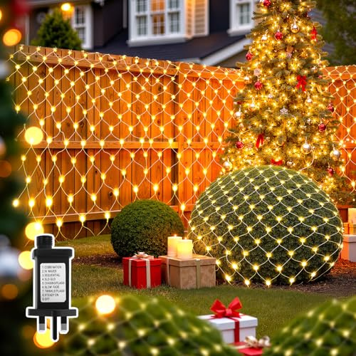 YIBONIKA Net Lights Outdoor 2mx2m 208LED Mesh Fairy Lights Plug in, Waterproof String Lights with 8 Modes/Timer/Memory for Indoor & Outdoor Xmas Trees Windows Garden Decoration, Warm White