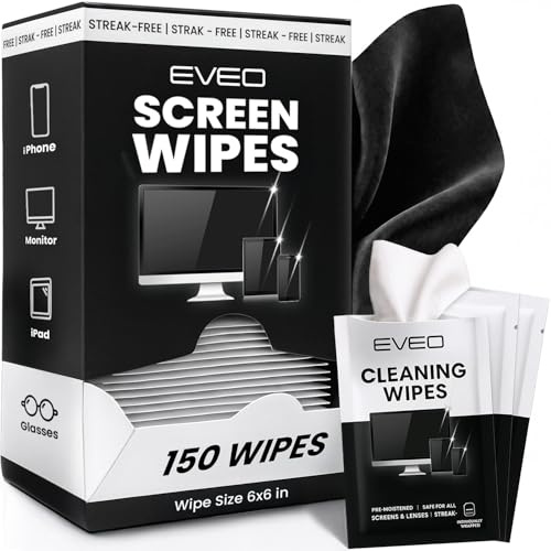 EVEO Screen Wipes (150 Pack) - Electronic Wipes, Computer Screen Cleaner Wipes for Electronics | Computer Screen Wipes Phone Wipes & Lens Wipes for PC, Laptop, Phone, Car & More - Microfiber Included