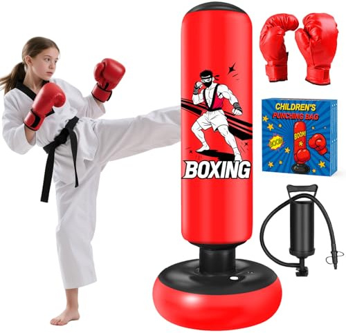 Punching Bag for Kids 160cm, Qoosea Free Standing Inflatable Boxing Bag with Gloves and Air Pump, Kids Punch Bags- Birthday Gifts for Boys & Girls Age 3-12 for Practicing Karate, Taekwondo, MMA