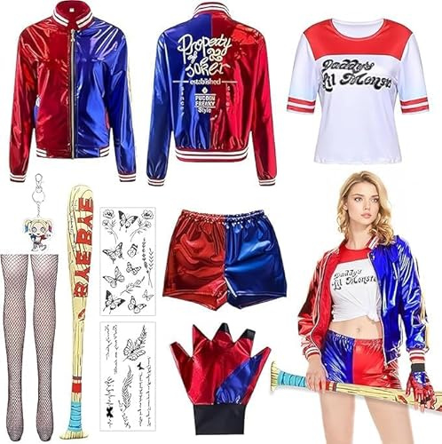 ZeiLaBang Kakadi Harley Quinn Kostüm,Harley Quinn Kostüm Damen,Mädchen Bösewicht Kit enthalten Jacke T-Shirt,Shorts und Handschuh Ballon Stick,Strümpfe Bundlefor Karneval Cosplay