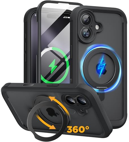 Miracase für iPhone 17 Hülle 6,3 Zoll mit 360 Grad Drehbare Ring,Schwarz | Magsafe,Eingebaut Glas Schutzfolie,Arbeit,Outdoor HandyHülle Magnetisch Stoßfest Case für iPhone 17 Schutzhüllen