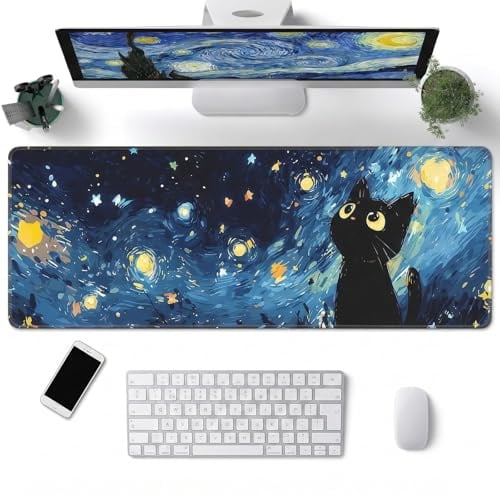 Vesavifaka Large Mouse Pad, Extended Desk Mat, 800x300x3 MM Cute Desk Mat Pad Protector for Work & Gaming, Aesthetic Anti-Slip Laptop Cover for Office School Home Supplies, Starry Night Cat