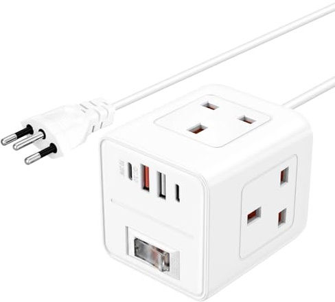 UK to Brazil Plug Adapter,3 Way UK to Brazil Plug Adaptor with 4 USB PD 20W | QC3.0,Cube UK Travel Adapter with 1.5M Extension Cable for Brazilian (Type N)