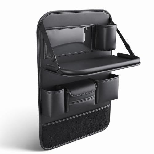 Organizador Asiento Coche con Bandeja Plegable, 7 Bolsillos, 64x44cm | Impermeable Protector Funda Respaldo Asiento Trasero Silla Coche Niños, Car Accessories Comer Trabajar Tablet Botellas