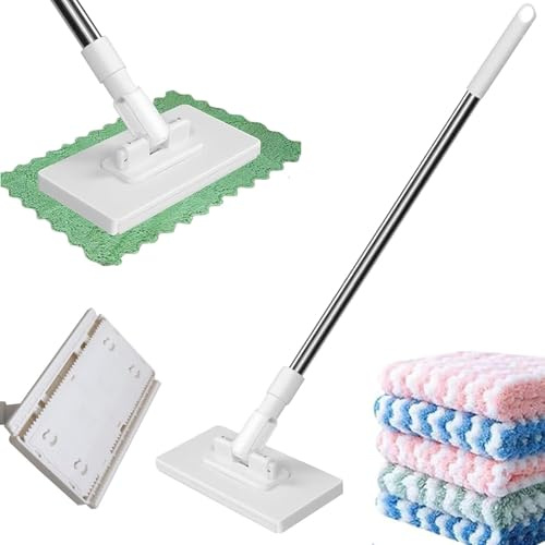 Hands-free Cloth Changing Mini Mop,Disposable Dust Mop with 4 Reusable Cloths, Lazy Mop Clip on & Rotating Head,Press to Automatically Replace Towels and Wipes for Floor Wall Bathroom Kitchen