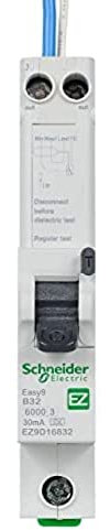 Schneider Electric EZ9D16832 Easy9 Disjoncteur de courant résiduel avec protection contre les surintensités, 1P + NS, 32 A, courbe B, 6000 A, 30 mA, Gris