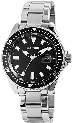 Raptor Herren-Uhr mit Edelstahl Gliederband Datumsanzeige Leuchtzeiger Durchmesser 43mm Analog Uhr silberfarbig schwarz