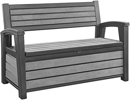 Keter Hudson 60 Gallon Capacity Plastic Resin Weather Resistant Outdoor Home Backyard Storage Bench/Deck Box Chest Patio Furniture, Gray