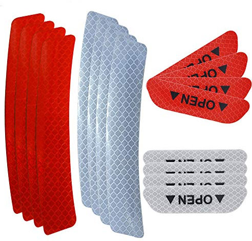 Senven Pegatinas de Advertencia Reflectantes de Puerta avanzadas Adhesivos Anti colisión de Puerta, Cejas Rueda Coche Adhesivos Reflectantes Impermeables universales, Rojo y Blanco -16 Piezas