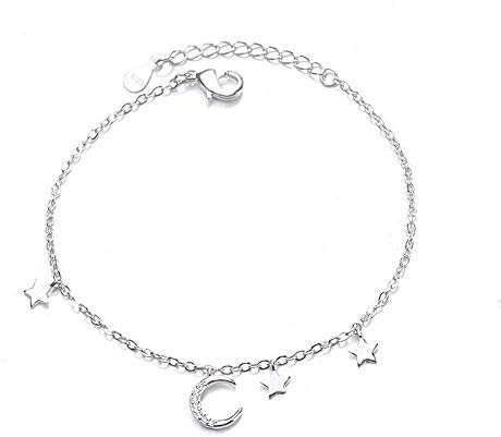 Allgut Mond Stern Armband Mädchen, 925 Sterling Silber Zirkonia Charm Armband Damen Verstellbare Armkette Armkettchen Bettelarmband