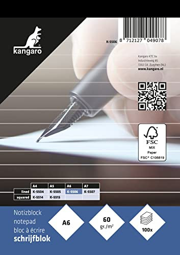 Kangaro Notizblock A6 liniert 60grs 100 Blatt, K-5506, Weiss, 10.5x14.8x0.9