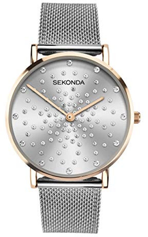 Sekonda Celeste Ladies 36mm Quartz Watch in Silver-White with Analogue Display, and Silver Stainless Steel Mesh Bracelet 40028