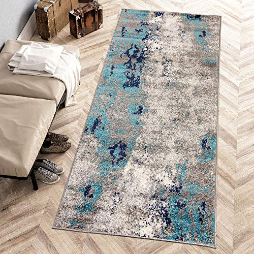 Carpeto Rugs Modern Läufer Flur Teppich Abstrakt Muster - Kurzflor Teppichläufer für Flur, Küche, Schlafzimmer, Esszimmer - Flurläufer in Versch. Größen und Farben - Grau Türkis 70 x 250 cm