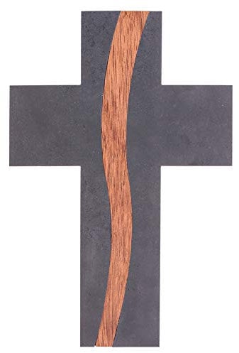 Fritz Cox Steinkreuz in Schieferoptik mit Nussholz 'Weg Des Lebens' | 22x15cm