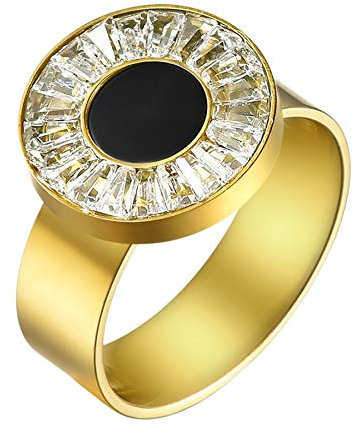 JewelryWe Schmuck Damen-Ring Zirkonia Edelstahl Siegelring Rund Ring Band mit Gravur Gold Verlobung Valentinstag Lieben Geschenk Größe 57