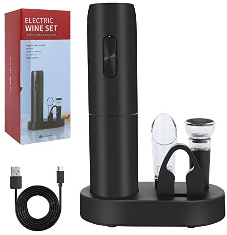 VIDYSUFYR Electric Wine Bottle Opener Set with Charging Base- Black, Automatic Wine Bottle Opener with Led Light, Rechargeable Corkscrew Kit with Aerator,Foil Cutter,Stoppers