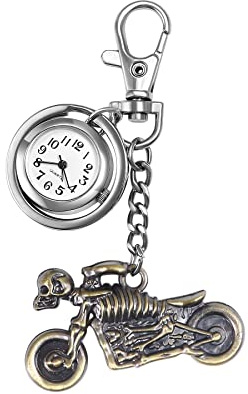 Silverora Schlüsselanhänger Uhr mit Totenkopf Schädel Motorrad Charm für Damen Herren Taschenuhr mit Schlüsselschließe Pocket Taschenuhr Ansteckuhr Rucksack Sport Easy Carry