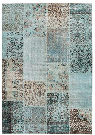 Qiyano Teppich Kurzflor - Patchwork-Muster modern im Vintage Used Look - Wohnzimmer, Schlafzimmer, Esszimmer, Büro - Farbe: Blau, Türkis, Lila, Bordeaux, Größe: 120 x 170 cm