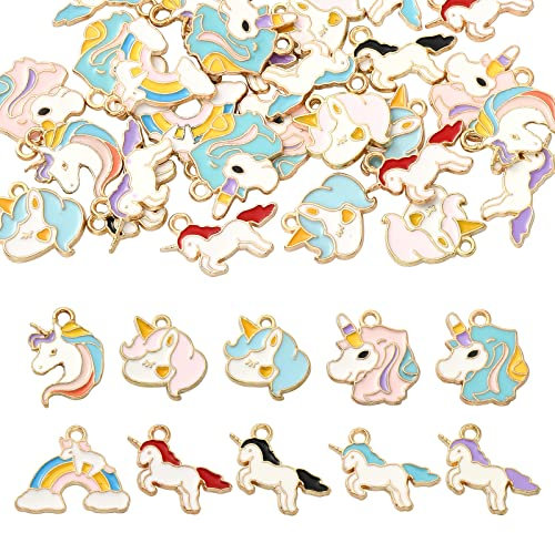 BEEFLYING 40 Stück Einhorn-Legierungs-Emaille-Anhänger Metall-Tier-Regenbogen-Wolken-Karikatur-Anhänger Vergoldete Anhänger für Bastelbedarf zur