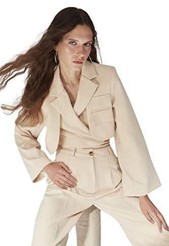 Trendyol Women's Damen Design Regular Zweireihig Plain Webstoff Blazer Coat, Beige, 36