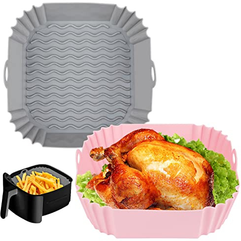 Boribim 2PCS Silikonform für Heißluftfritteuse, Air Fryer Silikonform Wiederverwendbar Anstelle Backpapier Pergamentpapier, Heißluftfritteuse Zubehör Geeignet für Backofen Ofen Mikrowelle (Rosa+Grau)