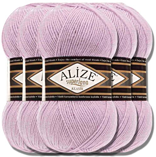 Hobby YARN Alize Superlana Klasik 5 x 100 g Türkische Premium Wolle Baumwolle und Acryl Uni Handstrickgarne Yarn Garn Strickgarn Baby zum Stricken Strickgarn (Dusty Lilac | 505)