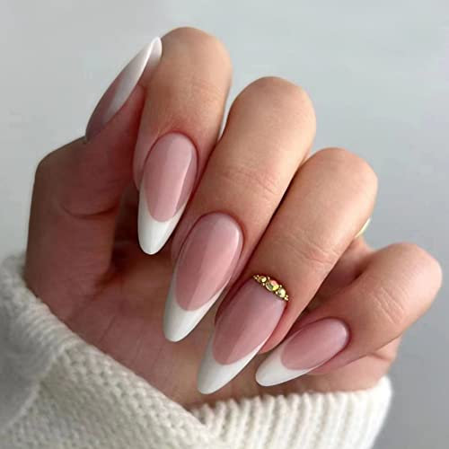 JUSTOTRY 24 Pcs Stiletto False Nails Medium with Jewels,Beige French Press on Nails Pattern,Fake Nail Short,Almond Stick on Nail for Women,Nails Fake Nail for Nails Art