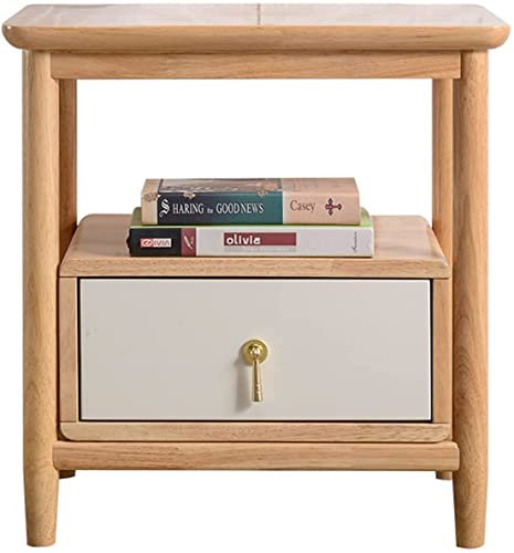 WIQUYBML Vintage-Schlafzimmer-Nachtschrank aus Holz, moderner Heller Luxus-Nachttisch für Schlafzimmer-Aufbewahrungsschrank, Nachttisch mit 1 Schublade, Kommode aus nordischem Gummiholz, 48