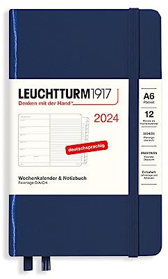 LEUCHTTURM1917 367733 Wochenkalender & Notizbuch Pocket (A6) 2024, mit Extraheft für Adressen und Jahrestage, Marine, Deutsch, 12 Monate