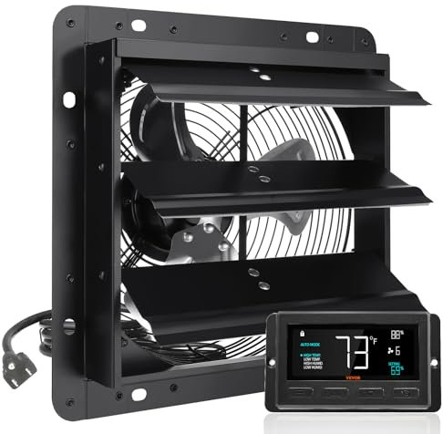 VEVOR Extractor de Persiana con Controlador de Temperatura y Humedad, Motor EC, 820 CFM, Ático de Montaje en Pared Ajustable de 10 Velocidades, para Invernaderos, Garajes, Cobertizos, 26,2 x 26,2 cm