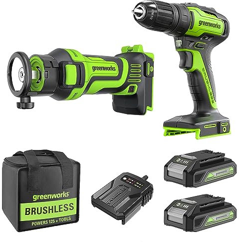 GreenWorks Avvitatore a batteria 24V, Trapano avvitatore elettrico e Trapano Fresatore Pacchetti combinati, Borsa degli attrezzi, 2 batteria, 2A Caricabatterie