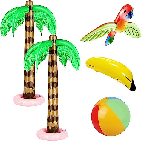 TAFACE Aufblasbare Palme, 2 Stück, Strandball, aufblasbar, 1 Stück, Papagei, aufblasbar, 1 Stück, Banane, aufblasbar, 1 Stück, Spielset, aufblasbar, Partydekoration, aufblasbares Strandspielzeug