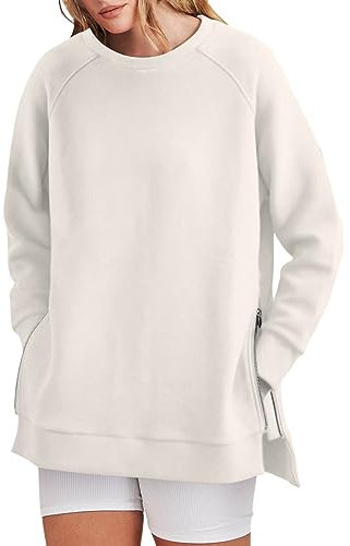 Zipper Hoodie Damen Damen-Sweatshirts, lange Ärmel, lang geschnittene Oberteile, Rundhalsausschnitt, weiche Pullover, Hemden mit seitlichem Reißverschluss, Sweatshirts Zip Hoodie Oversized (Khaki, L)