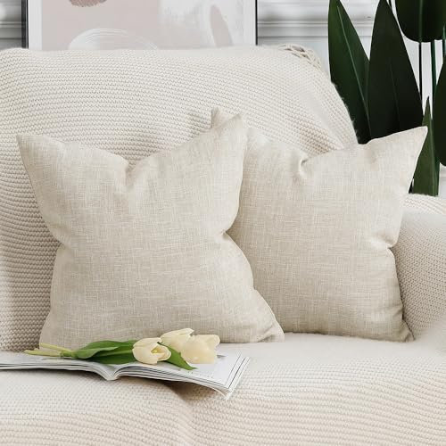 Madizz 2er Set Faux Leinen Kissenbezügen Weich Dekorative Kissenabdeckung für Sofa Schlafzimmer Kissenhülle Hellbeige 40x40 cm Quadrat