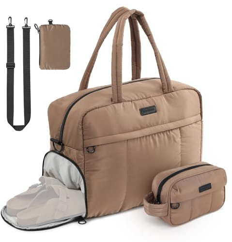 BBCREAT Reisetasche, Puffy Sporttasche, Puffer Turnbeutel mit Kulturbeutel und Schuhfach, gesteppte Wochenendtasche für Damen, Braun, Stilvolle Reisetasche