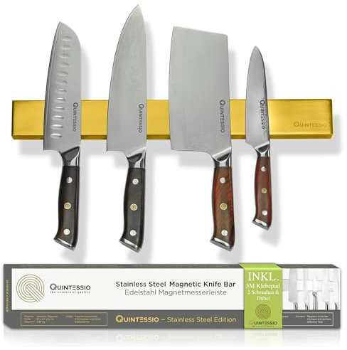 QUINTESSIO - Barre aimantée pour couteaux - Barre magnetique en acier inox 40 cm - Support couteau de cuisine - Aimant couteau mural - Barre aimantée porte couteaux - Porte couteaux aimanté - or