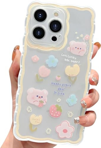 EYZUTAK Case for iPhone 15 Pro Max, Cute Cartoon Flower Strawberry Bear Floral Pattern Curly Wave Frame Lace Phone Case Clear Slim Soft TPU Shockproof Protective Cover for Women Girls - Yellow